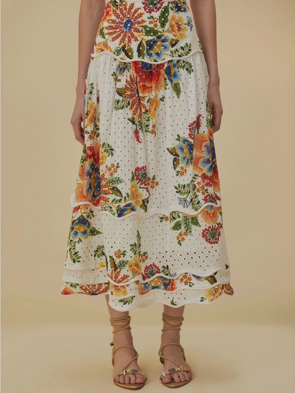 NWT Farm Rio Off White Eyelet Floral Midi Skirt with Multicolor Print size M